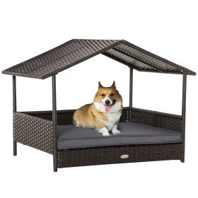 Wicker Dog Bed Outdoor, with Rattan Canopy, Elevated & Cushioned PE Rattan Dog / Cat House with Sleeping Pad, Gray